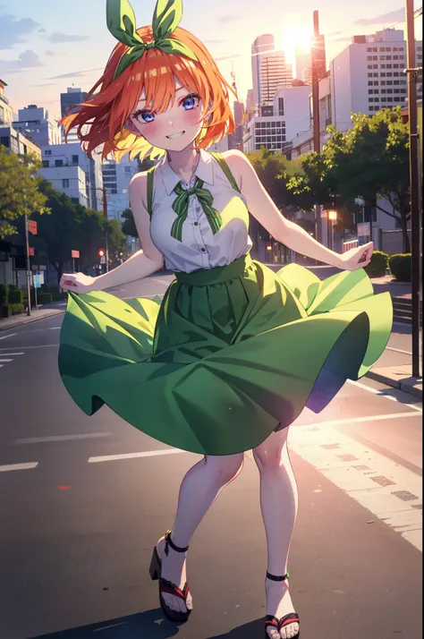 yotsubanakano, yotsuba nakano, bangs, short hair, blue eyes, Hair between the eyes, hair ribbon, hair band, Orange Hair, (Green ribbon:1.5), smile, Grin,smile,Sleeveless green dress,Bare arms,Green long skirt,Cute heeled sandals,sunset,evening,The sun goes...