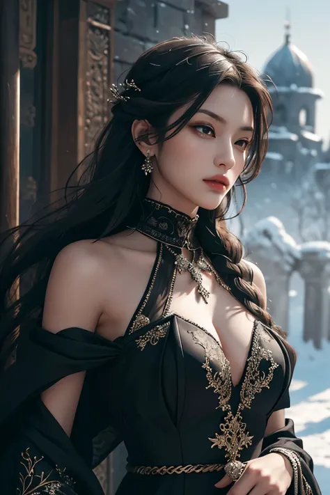 A captivating female assassin in ancient attire, adorned in a lavishly detailed black gown, is the focus of this masterpiece. The close-up view showcases every intricate stitch and bead embedded in her clothing, creating a hyper-realistic experience. The h...