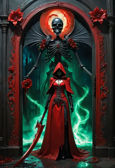 A painting of a beautiful red-robed female death standing in front of，Holding the Reaper Scythe，Door of hell，Blooming bloody ghost flower，soul，Charm，frivolous，mystery，Heavy Metal Style，Metal Art，The flowers made of iron have a metallic luster，Metal texture...