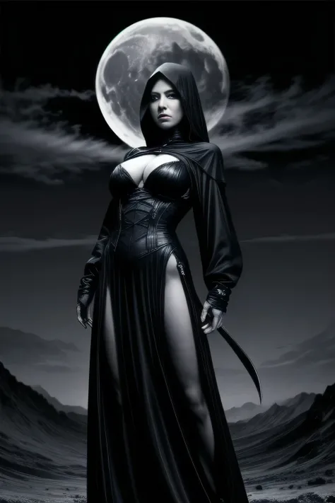 (monochrome, grayscale:1.2), Black Grim Reaper, Late Night cityscape, Huge scythe, (Crescent Moon:1.2), Pale face, fully clothed, giga_busty, standing, full body shot, front view from below, dark cinematic lighting, covered breasts