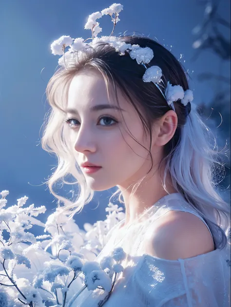 (((masterpiece))), best quality, illustration, 4k wallpaper, light, absurd, 1 girl,(snow,ice), snow花, In winter, white hair, Shiny hair, curls, Transparent clothes, decorate, Lace, Wet clothes, away_Shoulder, Headband,masterpiece, telephoto lens, absurd, E...