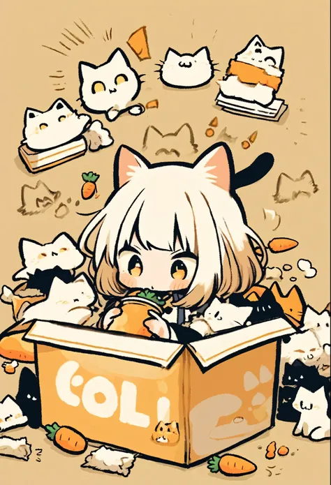 Loli，Cat ear，Cat girl，Lying in a cardboard box，Scratching his head，Holding bills in hand，Clerk uniform，Carrots all around，little girl，Carrot in his mouth，Carrot Hairpin