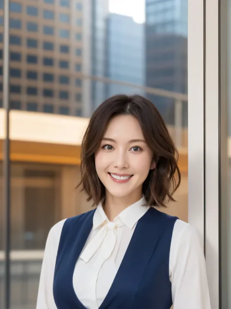 One girl, Mature Woman, （Wearing a navy blue vest:1.5）、（White blouse）、（Gorgeous red ribbon tie）、 bow, photograph, Realistic, highest quality, employment, Detailed face, office, Building seen from the window, Detailed Background, Diffused sunlight, Depth of...