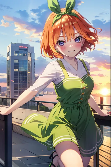 yotsubanakano, yotsuba nakano, bangs, short hair, blue eyes, Hair between the eyes, hair ribbon, hair band, Orange Hair, (Green ribbon:1.5), smile, Grin,smile,Sleeveless green dress,Bare arms,Green long skirt,Cute heeled sandals,sunset,evening,The sun goes...