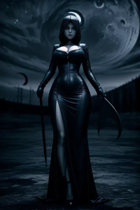 (monochrome, grayscale:1.2), Black Grim Reaper, Late Night cityscape, Huge scythe, (Crescent Moon:1.2), Pale face, fully clothed, giga_busty, standing, full body shot, front view from below, dark cinematic lighting, covered breasts