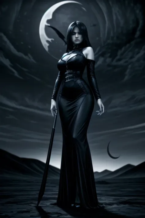 (monochrome, grayscale:1.2), Black Grim Reaper, Late Night cityscape, Huge scythe, (Crescent Moon:1.2), Pale face, fully clothed, giga_busty, standing, full body shot, front view from below, dark cinematic lighting, covered breasts