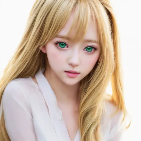 anime girl with blonde hair and green eyes in a white shirt, blonde anime girl with long hair, kawaii realistic portrait, cute natural anime face, beautiful anime portrait, realistic young anime girl, pretty anime girl, anime visual of a cute girl, portrai...