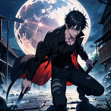 , 1man, 20 years old, male focus,muscular body, anime color, Okumura Rin, Ai no Exorcist, wearing a long black trench coat, Tight black T-shirt,Ripped black jeans, (holding a katana) , fight pose {very short hair black, blue eyes, pale skin, pointy ears, f...