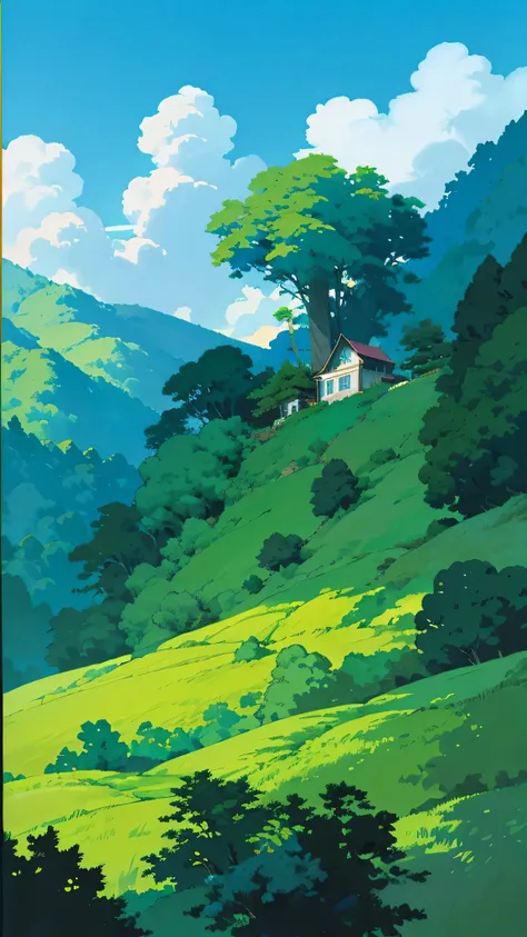 Anime-style landscape featuring a house perched majestically atop a verdant hill. The panoramic view offers a harmonious balance between foreground and background, showcasing a well-proportioned house with intricate details. The house, awash in vibrant col...