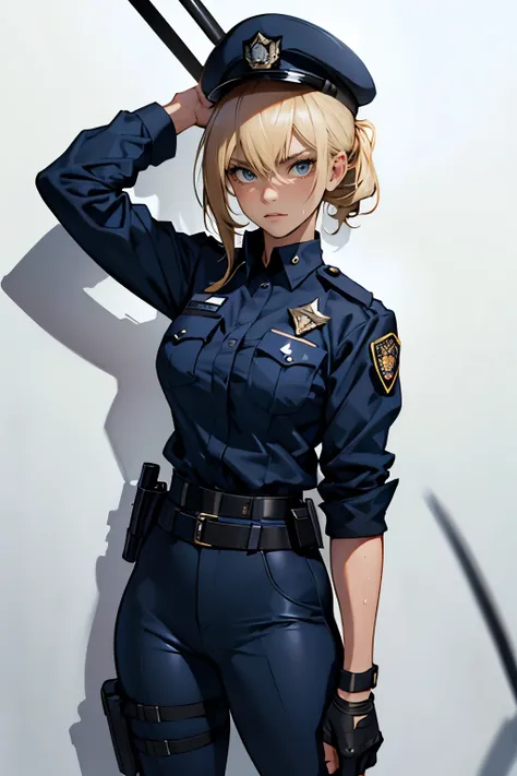 (High definition CG Unity 8k wallpaper). (masterpiece). (Highest quality). (Ultra definition). (Best illustration). (Best Shadow). (Absurd). Sweat. steam. stare. female police officer. She is 20 years old. Her hair is tied up. she is blonde. She is in unif...