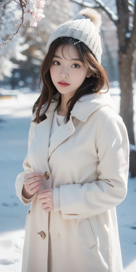 RAW photo, bokeh, Top image quality, High resolution, best quality, 8k, HDR, (photorealistic:1.55), young girl, trench coat, beanies, Winter, snowing day, she stands gracefully, looking at viewer, framed by trees adorned with a pristine white blanket of sn...