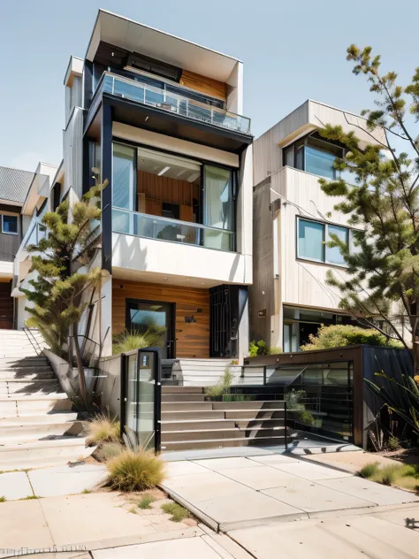 house exterior contemporary style, modernism, glass doors and windows,black metal rail, conwood ceilling, masterpiece, highquality, realistic photo, canon eos 5D mark, natural light, 