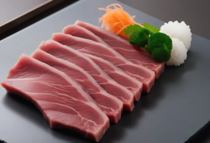 a simple plate filled with slices of premium japanese wagyu beef, specially prepared for hot pot. each slice should display wagy...