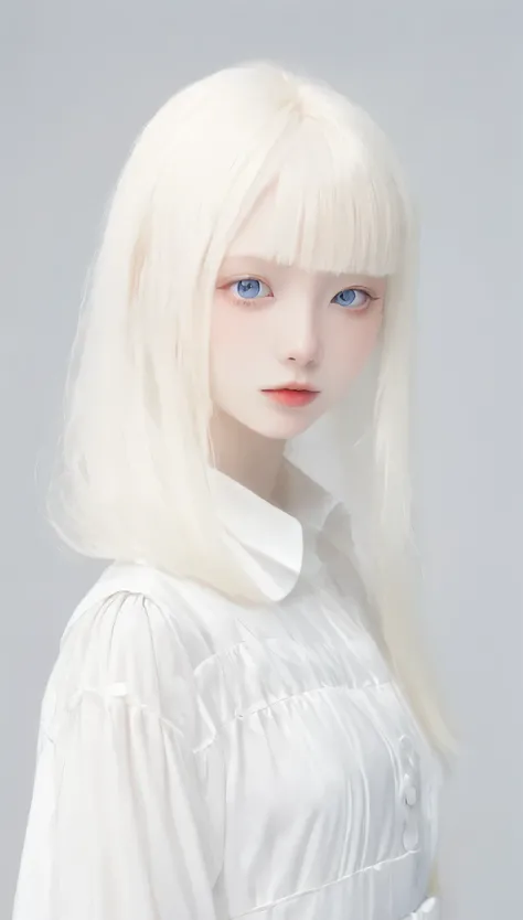 (((White Background:1.3)))、(((1 albino girl、Cute Face、pretty girl))), 16 years old,(((The eyes are white:1.3)))、White Dress、((White shirt:1.3、White Block Dress)), Tyndall effect, Realistic, Shadow Studio,ultramarine、illumination, Dual tone illumination, (S...