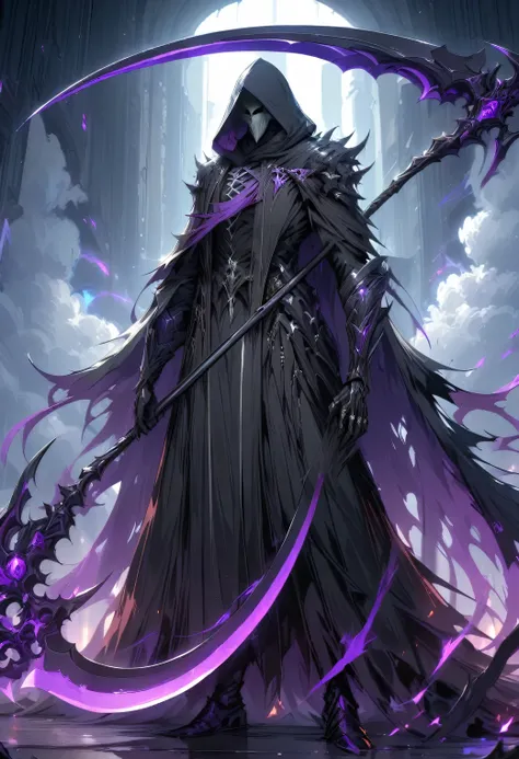 masterpiece, best quality, very aesthetic, absurdres, black grim reaper silently descends from the sky with deathscythe, hoodie,...