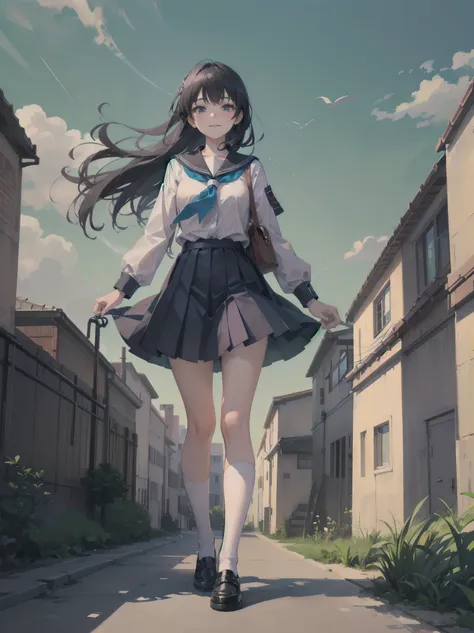 Subtitle: {{school rooftop}} {{uniform}} {{staring into the distance with the wind blowing}} School rooftop. A strong wind was blowing through the air, and Saori, a beautiful girl, in her , was staring at the distant scenery, staring at an old key in her h...