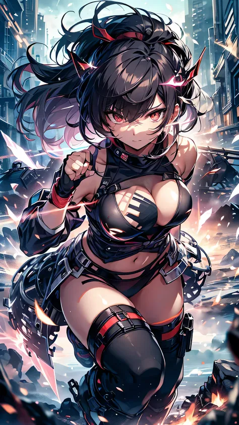 Highest quality、Highest quality、Masterpiece、girl((Age 25、as soon as、Highest Bust、Medium Bust、Wide open chest、Red glowing eyes、Black Ear、Red Mesh、Disheveled Hair、Loincloth、thin、The best valley、Open chest、Luminous Wristbands、hair ornaments、Full body view、Tan...