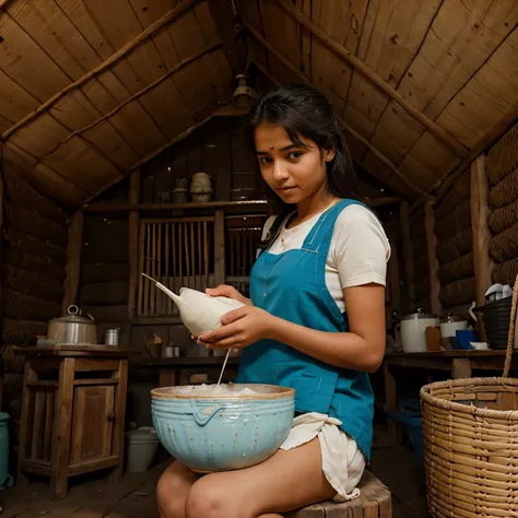 An indian village beautiful young girl churning buttermilk with traditional blender in a bowl sitting in a hut