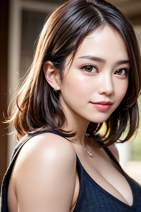 (8k, RAW Photos, highest quality, masterpiece, Realistic, Realistic), (1 female), (The ultimate beautiful middle-aged woman), Highly detailed face, (Perfect Teeth), Beautiful Eyes, double eyelid, eyelash, smile, Lip details, (Neat brunette bob), The light ...