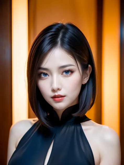 (Dark red right eye), (Dark blue left eye), (((masterpiece))), (((highest quality: 1.4))), ((Super Detail: 1.4)) , Lovely lady, Gorgeous Chinese Model, Translucent dress, See-through dress, Gorgeous exotic features, Amber neon eyes:1.5,  Shining silver hai...