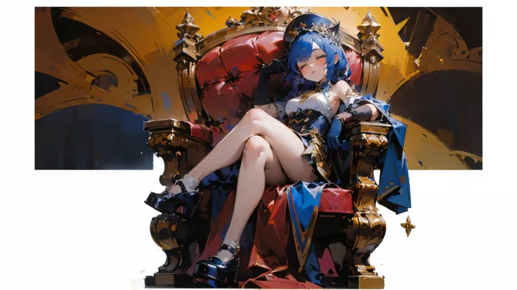 ((best quality)), Jewelry Packaging)),((1 Obese girl))From the back，Cross your legs，Dark blue hair，Sleeping on the throne，Platform shoes，((Gloves))，（Nikolai Fehin），( Fisher, )，The background is a banquet，luxury