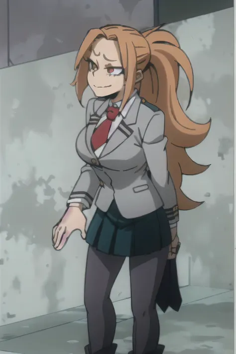 1 girl, big breasts, long curly hair, orange hair, ponytail, magenta eyes, smirk, gray jacket, red tie, white shirt, teal skirt, gray pantyhose, boots