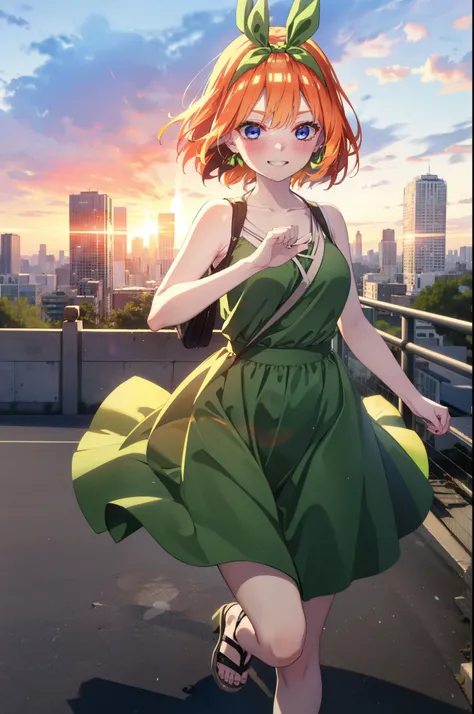 yotsubanakano, yotsuba nakano, bangs, short hair, blue eyes, Hair between the eyes, hair ribbon, hair band, Orange Hair, (Green ribbon:1.5), smile, Grin,smile,Sleeveless green dress,Bare arms,Green long skirt,Cute heeled sandals,sunset,evening,The sun goes...