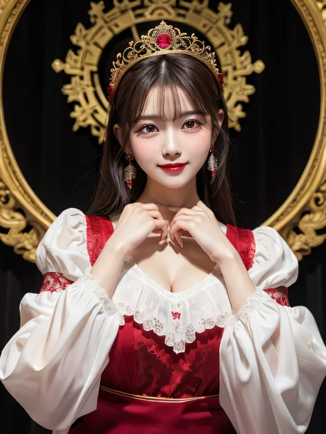 1 young empress wearing a red lace top, Deep neck nightgown, chinese style clothing, Ancient clothing with numerous phoenix designs, Perfect white and pink face, A crown on her head, Black hair, waist length, Very beautiful and piercing brown eyes, Little ...