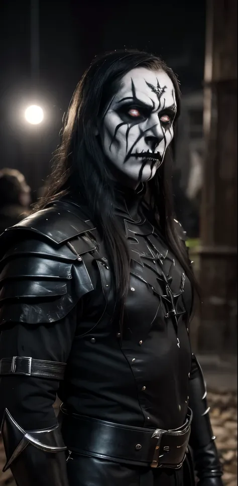 (masterpiece, best quality:1.2), (((1man, male))) , solo, highres, best quality, Half body shot of a strong Man, pale white skin angry man with (((black metal makeup, corpsy paint))), ((Angry face)) , heavy White and Black face paint, wearing a black and s...