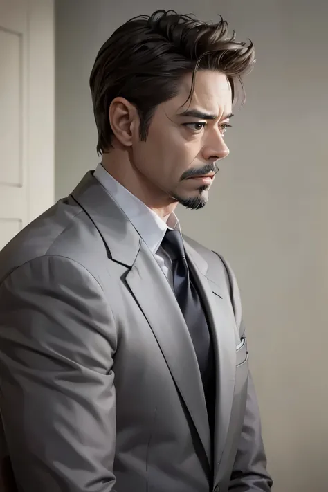 Tony Stark in a gray suit sadly looks into nowhere