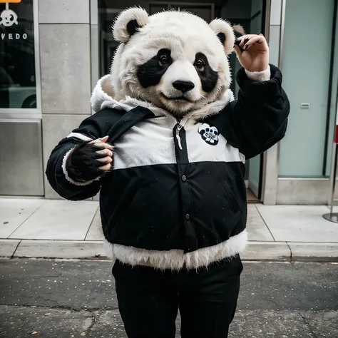 Urso panda usando roupas de inverno