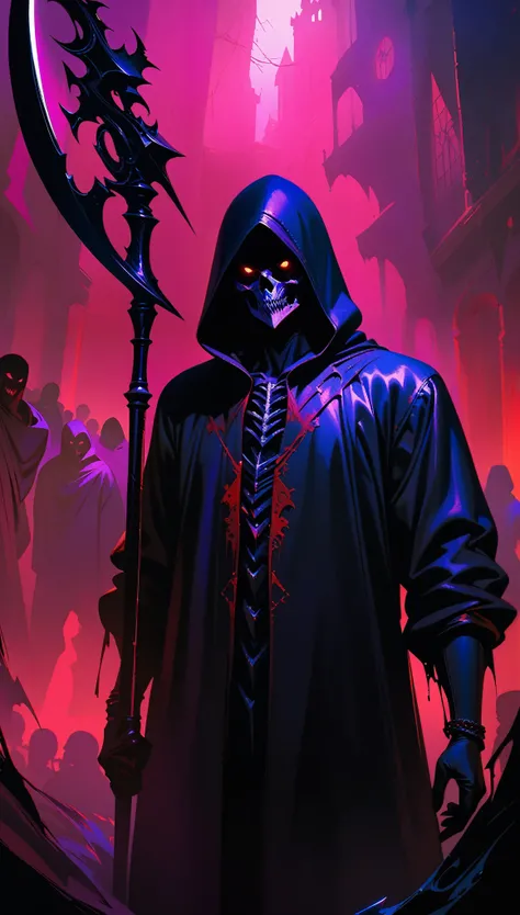 A black grim reaper, oil painting, extremely detailed figure, flowing black robe and hood, striking skeletal face with hollowed eyes and sharp teeth, holding a scythe with a long, curved blade, (scythe), surrounded by a misty graveyard, moonlight illuminat...