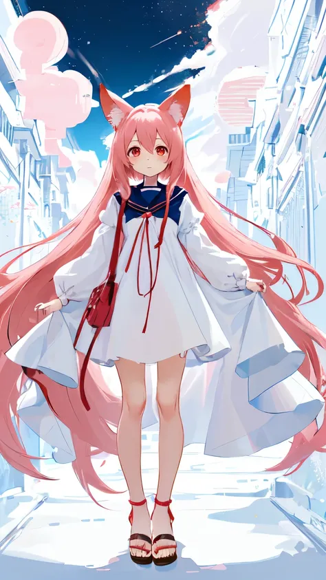 Absurd, One girl, Red eyes, Animal Ears, Long Hair, Pink Hair, Eyes Wide Open, eyelash, View Viewer, twitchemotional expression, Upper Body, Beautiful background, An elegant long-length white and navy dress that reaches down to the feet, Whole body shot, S...