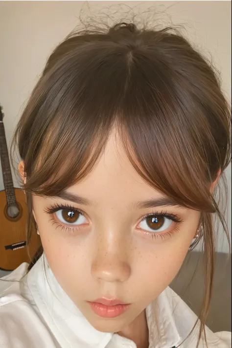 im hintergrund ist eine frau mit einer gitarre, jenna ortega, brown hair and big eyes, brauner pony, short brown hair and big ey...