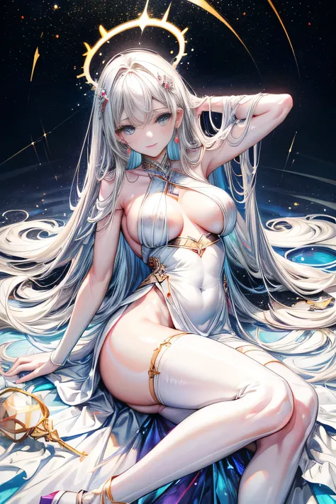 ((relaxed pose arm up hand behind head, lying down on her back)) ((cute smile))((majestic, magnificent, magical, celestial being)) ((tan skin)) ((long legs)) (()) ((beautiful goddess)) ((blue eyes)), ((dark eyeshadows make up)) ((red lips)) ((very long str...