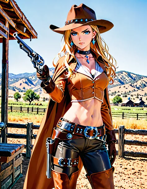 masterpiece, high quality, high res, 1girl, tall body, blonde hair, braid, blue eyes, boots, choker, earrings, gloves, perfect hands, (holding gun, colt revolver), jewelry, long hair, midriff, solo, standing, thigh boots, cowgirl, ranch backdrop, day, cowb...