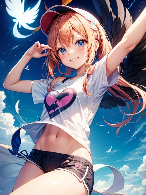 anime。
Smiling girl stretches the fabric on the shoulder of her T-shirt to highlight the logo on it。The logo is a heart symbol『Thank you』There is a stylized feather with the words。