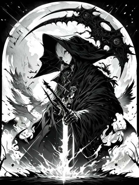 grim reaper, black and white illustration, have a scythe, glowing eyes,