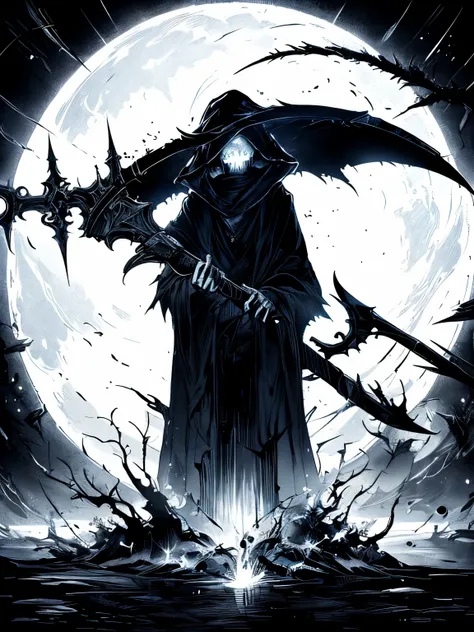 grim reaper, black and white illustration, have a scythe, glowing eyes,