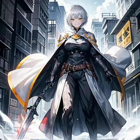 One Woman、young、Silver Hair、Short Hair、Yellow Eyes、Very large breasts、grinning mouth、Warrior、White Cape、Holding a sword、Full body portrait、front、Outdoor、western building background