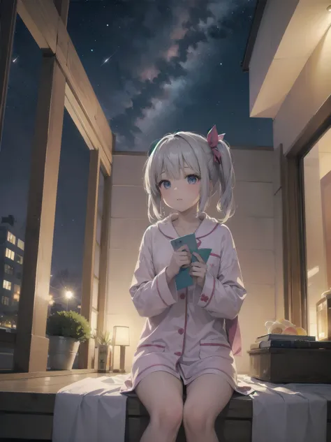 （night sky and girl、pajamas、blanket、Looking up at the stars on the balcony）
On the veranda at night、pajamasを着た少女がblanketを肩にかけ、Looking up at the starry sky。Countless stars shine in her eyes、The silence of the night envelopes her。