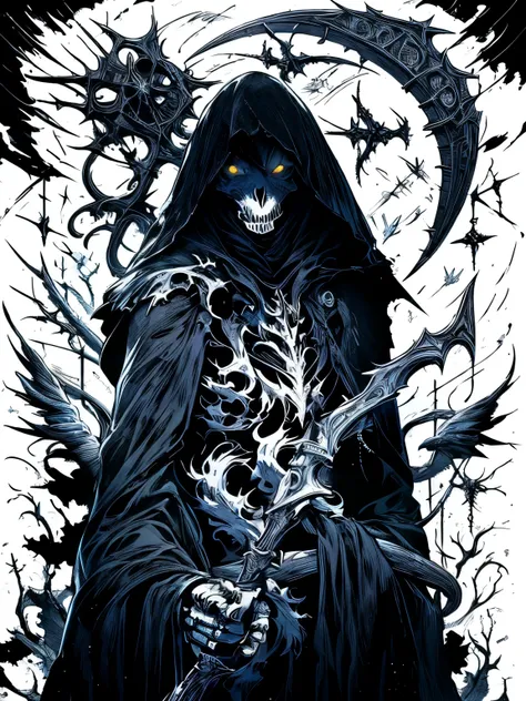 grim reaper, black and white illustration, have a scythe, glowing eyes,