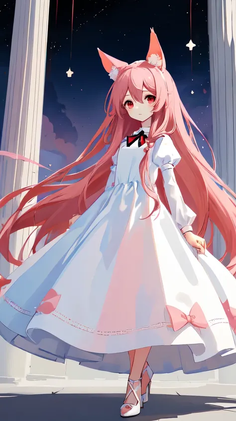 Absurd, One girl, Red eyes, Animal Ears, Long Hair, Pink Hair, Eyes Wide Open, eyelash, View Viewer, twitchemotional expression, Beautiful background, White and navy elegant dress,Long dress, High heels, Standing in front, Little, emotional expression, In-...