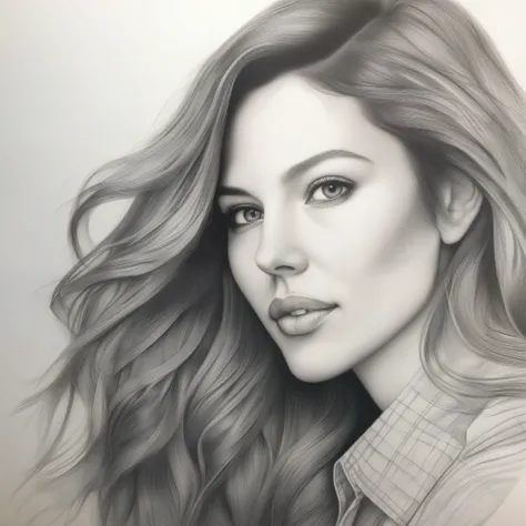 drawing of a woman with long hair and a shirt on, drawing, draw with pencil, draw with pencil, detailed beautiful , detailed beauty , matte drawing ,draw with pencil
