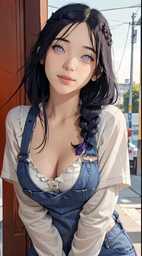 tmasterpiece， best qualityer， ultra - detailed， illustration，1girll，
long whitr hair，dark-blue hair，french braid，Purple eye，bluntbangs，cleavage，Large breasts
shirt，（jeans overalls：1.1），
mideum breasts， 
looking at viewert，hyouka/（Boruto/），Detailed lips