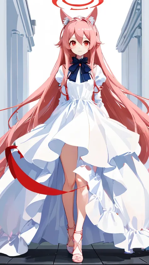 Absurd, One girl, Red eyes, Animal Ears, Long Hair, Pink Hair, Eyes Wide Open, eyelash, View Viewer, twitchemotional expression, Beautiful background, White and navy elegant dress,Long dress, High heels, Standing in front, Little, emotional expression, In-...