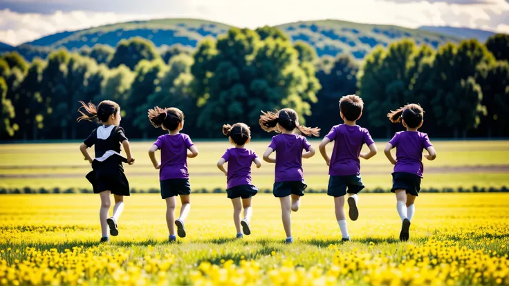 A joyful group of children running freely in a vast field, filled with laughter and excitement, multiple_girls, multiple_boys, running, flowers, grass, field