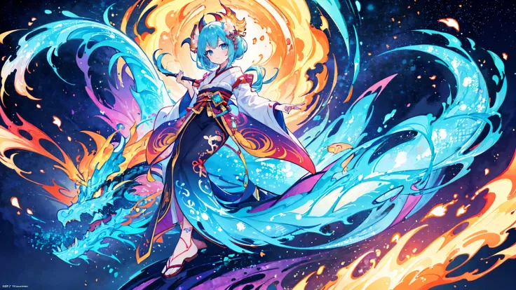 *8K masterpiece, highest quality, highest quality, Official Art, (Beauty and aesthetics: 1.3), Very detailed, (Fractal Art: 1.3), colorful, Flame and the Japanese Dragon, Serpentine body, nail, cyan and 1 Woman, Hanwomen&#39;s Media, Japanese Clothing, cya...