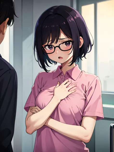 1. Beautiful girl in a magenta polo shirt, short hair, Small breasts, Embarrassing, Beautiful fingers, Shyness, worries, Black Hair, No underwear, Crouching, black eyes, hospital, beautiful, cute, high quality, short sleeves　No bra, Open mouth Glasses Perf...