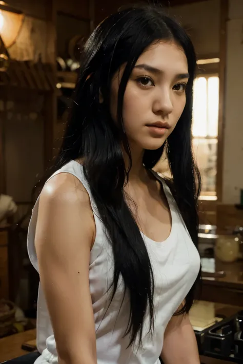 kitsune girl, in a white sleeveless shirt, with long black hair, to the scenes.